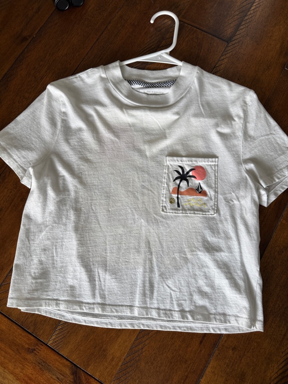 Volcom White Tee with Sunset Palm Pocket Graphic